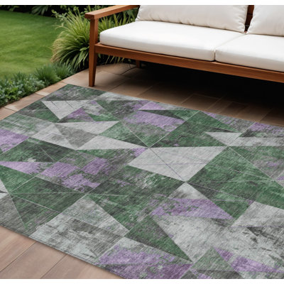 Tapis intérieur/extérieur lavable à motifs géométriques émeraude et violets, 2,74 m x 3,66 m