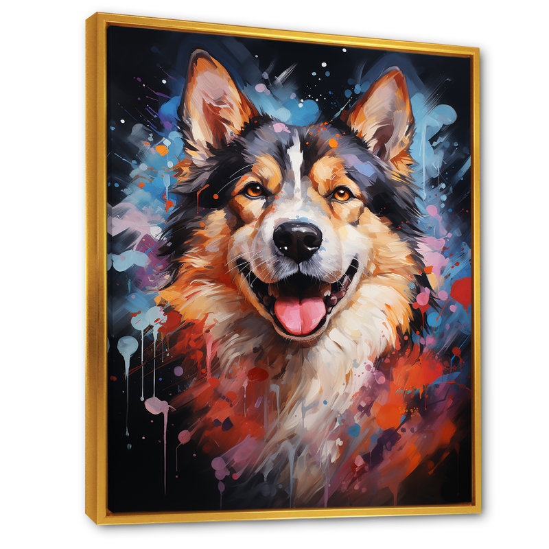Chien Akita Aurora IV sur toile, Cadre flottant doré, H 44 po x l 34 po x P 1,5 po