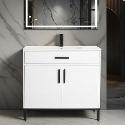 Meuble-lavabo sur pied 36 po avec lavabo - Armoire en bois massif avec lavabo en céramique, portes à fermeture en douceur et rangement réglable pour les petites salles de bain