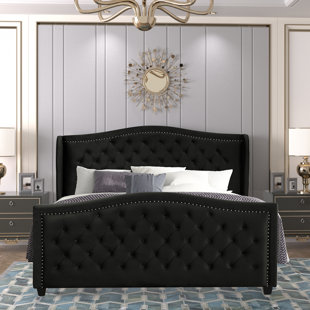 Upholstered Bed with Tufted Headboard and Diamond Button Footboard