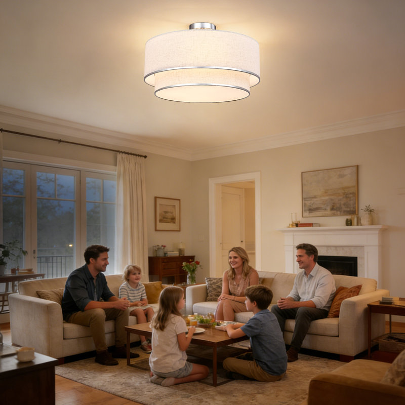 3-light 20" Semi Flush Mount With Fabric Double Drum Shade And Silver Trim