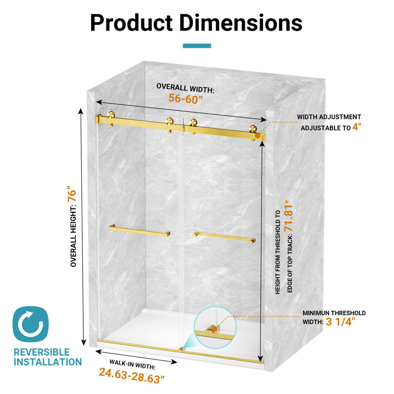 56–60" W x 76" H Frameless Double Sliding Shower Door with 3/8" Tempered Glass, Brushed Gold, Brushed Gold