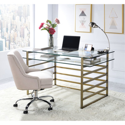 Contemporary Rectangular Writing Desk With Clear Glass Shelf, Antique Gold Metal Base, One Open Compartment Storage Style Featuring Glass, Area