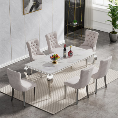 68" Luxury Faux Marble Dining Table Set, Modern Kitchen Table with Stainless Steel Pedestal, Modern Dining Room Table with Velvet Dining Chairs, Dining Table Set