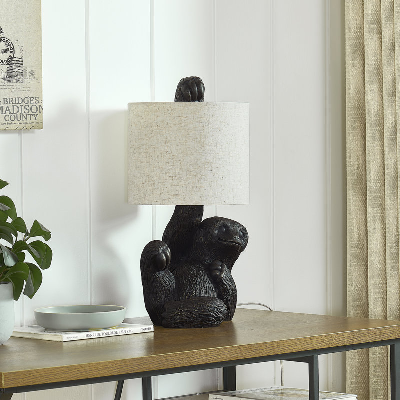 22" Resin Sloth Table Lamp With Shade, Black, Beige