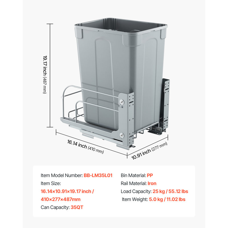 Poubelle coulissante pour armoires de cuisine, bac à déchets de 35 pintes (32,7 L), bac à déchets sous plan, sous comptoir, avec système de fermeture douce coulissant en métal robuste et ensemble de porte.