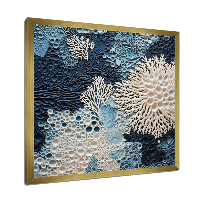 Collage sous l'eau de coraux bleus et blancs - art mural côtier, Cadre photo unique, H 16 po x l 16 po, Doré