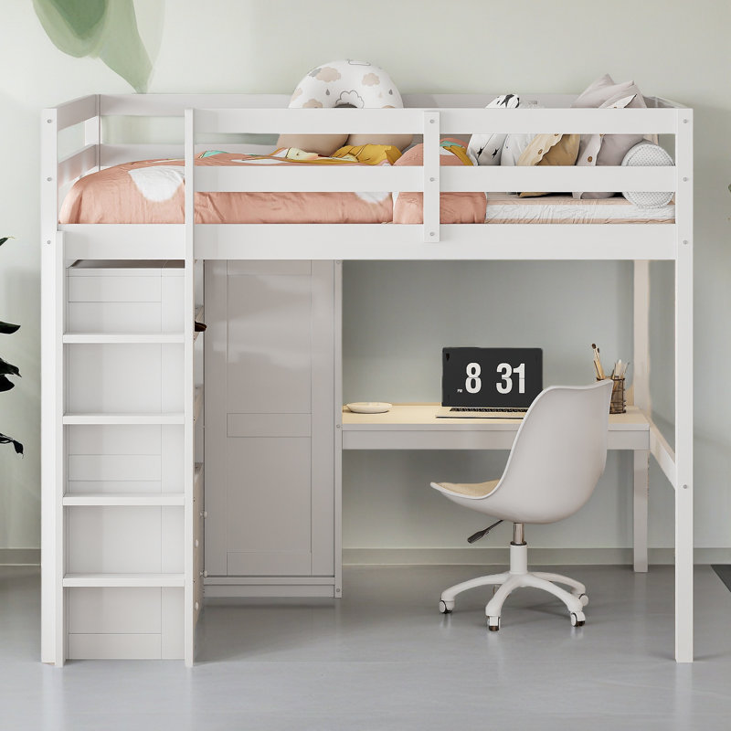 Lit mezzanine double en bois, Blanc