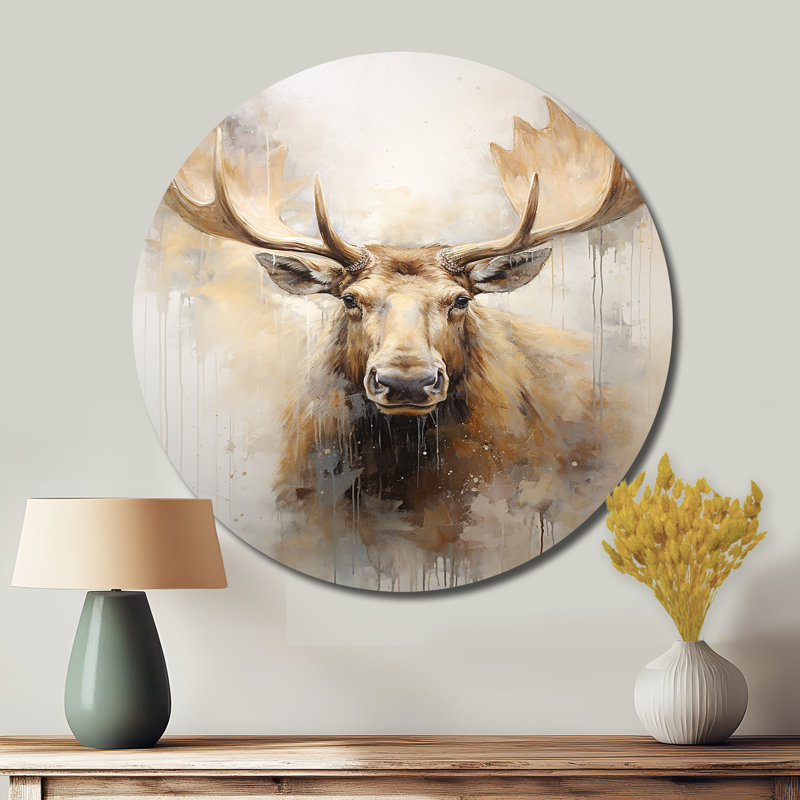 Portrait d'orignal beige et doré - animaux, art en métal rond, H 16 po x l 16 po