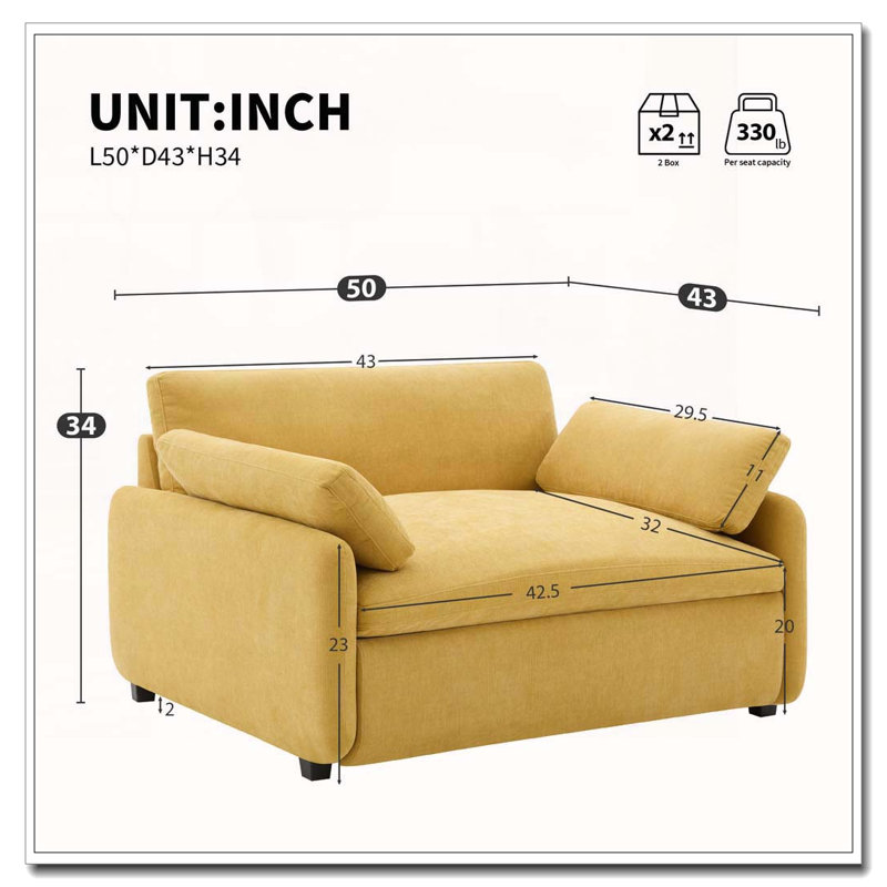 Fauteuil simple surdimensionné en chenille 50 * 43 ", chaise d'appoint large et profonde, Jaune