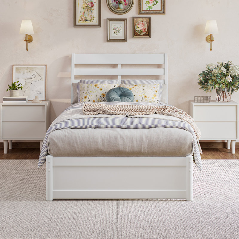 Lit plateforme avec rangement en bois massif et pied de lit Lamareon, Simple TG, Blanc