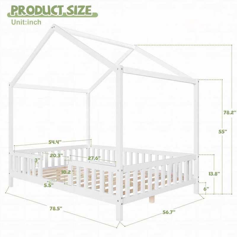 Lit de plancher en bois avec auvent en forme de maison, Blanc, Double