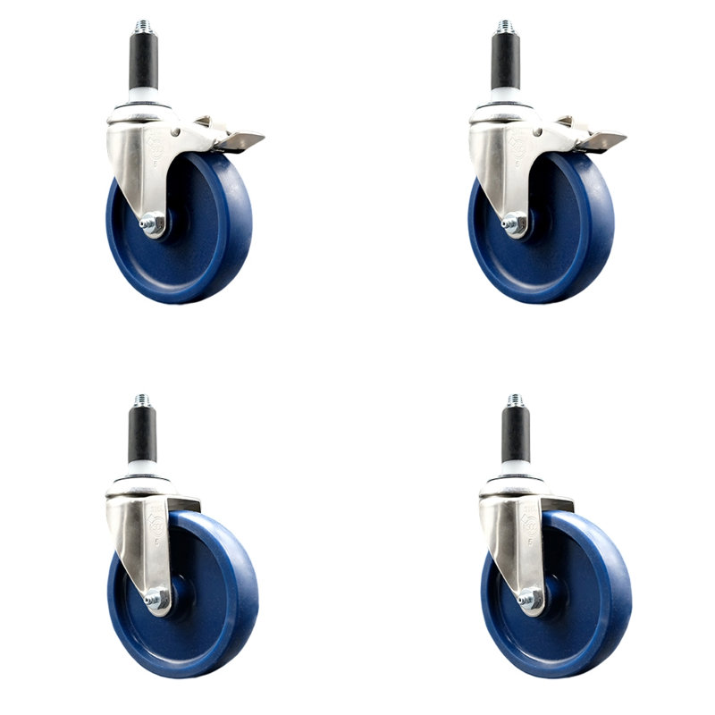 Solid Poly Swivel Expanding Stem Caster Set with 2 Lock Brake, 5" H x 5" W