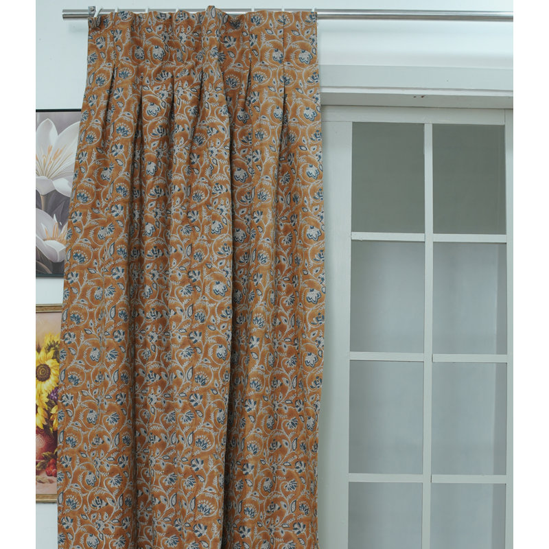 Natural Handcrafted Pleated Curtain – Saraswati Brown,Blue Lien Block Print, Light Filtering Window Drapes, 27" W X 108" L