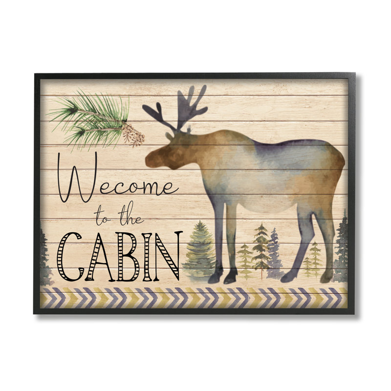 «Welcome to the Cabin Moose Silhouette» - Cadre flottant, impression sur bois, Giclée encadrée noir minuit