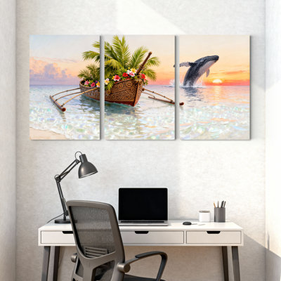 Nautique, bateau tropical avec palmiers et baleine, ensemble de 3 impressions sur toile