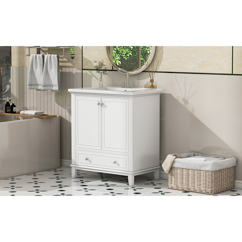 Meuble-lavabo de 30 po avec lavabo en bois massif et céramique avec cadre élégant, Blanc
