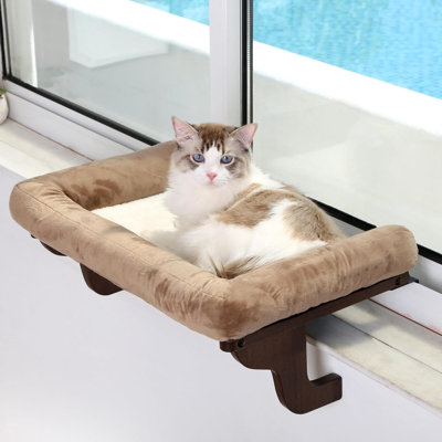 Perchoir pour chat avec rebord de fenêtre avec traversin - Conception de hamac orthopédique avec cadre en bois franc de qualité supérieure et en métal robuste - Siège de fenêtre pour chat pour grands chats et chatons - Bois de couleur naturelle ave