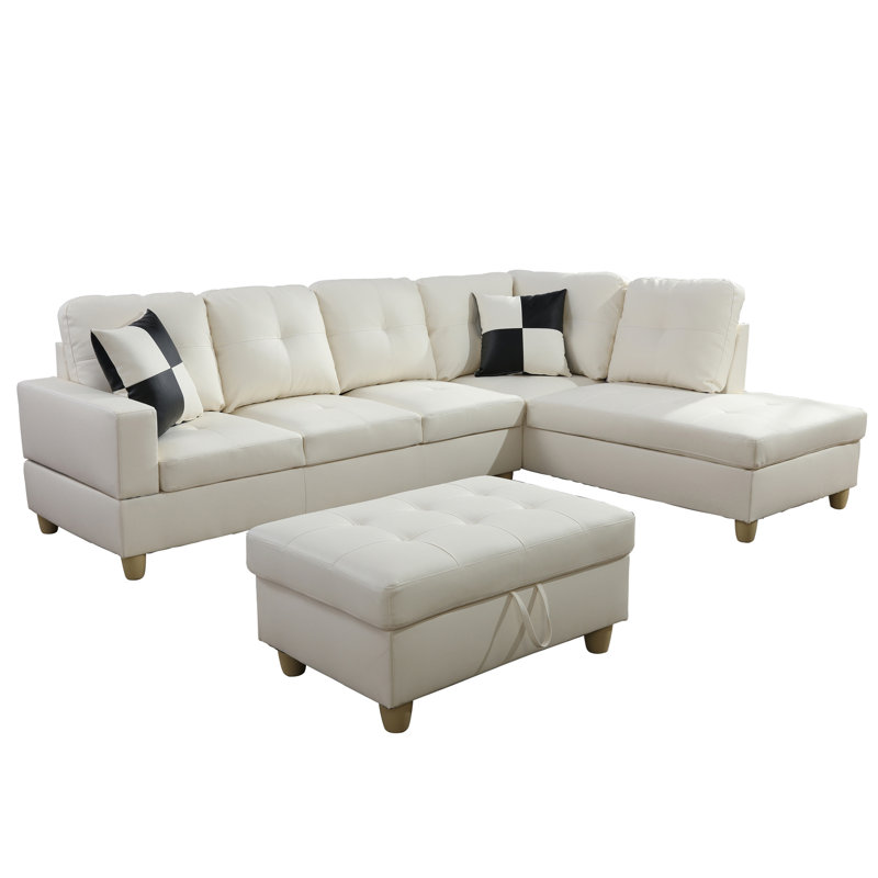 Yuga Faux Leather L-Shaped Sectional, Right Hand Facing, Off White Faux Leather
