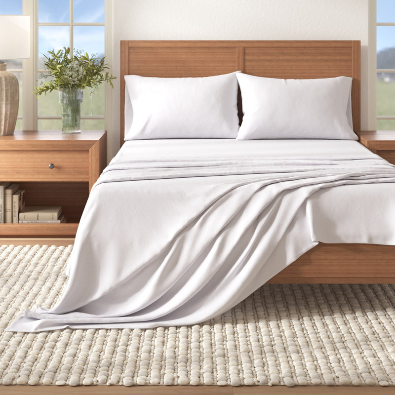 Ensemble de draps 100% flanelle de coton, Très grand californien avec deux taies d'oreiller, Uni - blanc hivernal