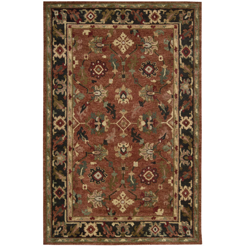 Brottman Oriental Hand-Knotted Wool Rust/Brown/Black Area Rug, Rectangle 3'9" x 5'9"