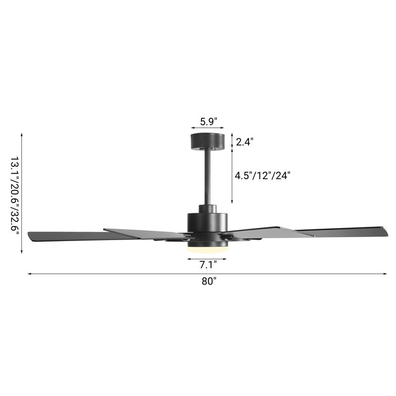 Antoinesha Ceiling Fan with LED Lights, Black, Black, 80"