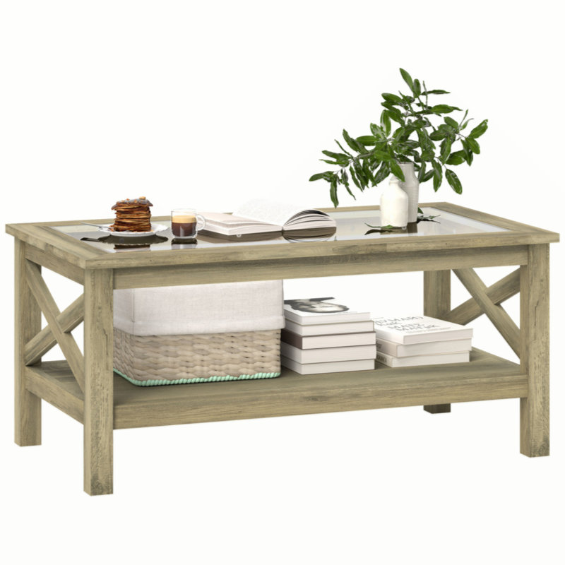 Gray Wood and Glass Coffee Table with Storage Shelf