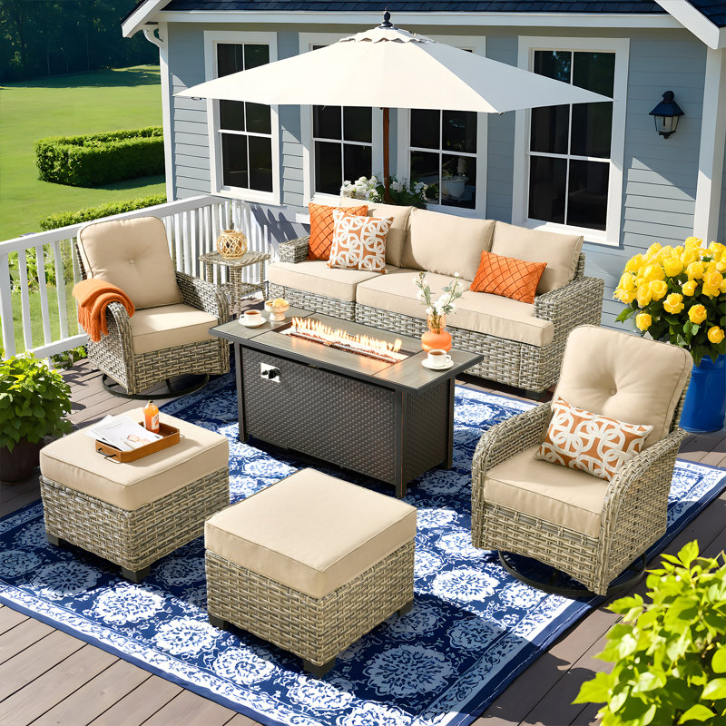 Carolle 9-Piece Outdoor Patio Furniture with fire pit,All-Weather 7-Person Pe Wicker Outdoor Conversation Set, Patio Couch Swivel Rocker Chairs With Solar Powered Coffee Tables For Backyard,Poolside,Deck