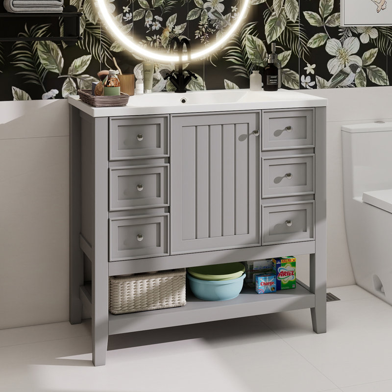 Meuble-lavabo 36 po avec lavabo, une armoire et trois tiroirs, panneau de bois massif et panneau de fibres à densité moyenne, gris