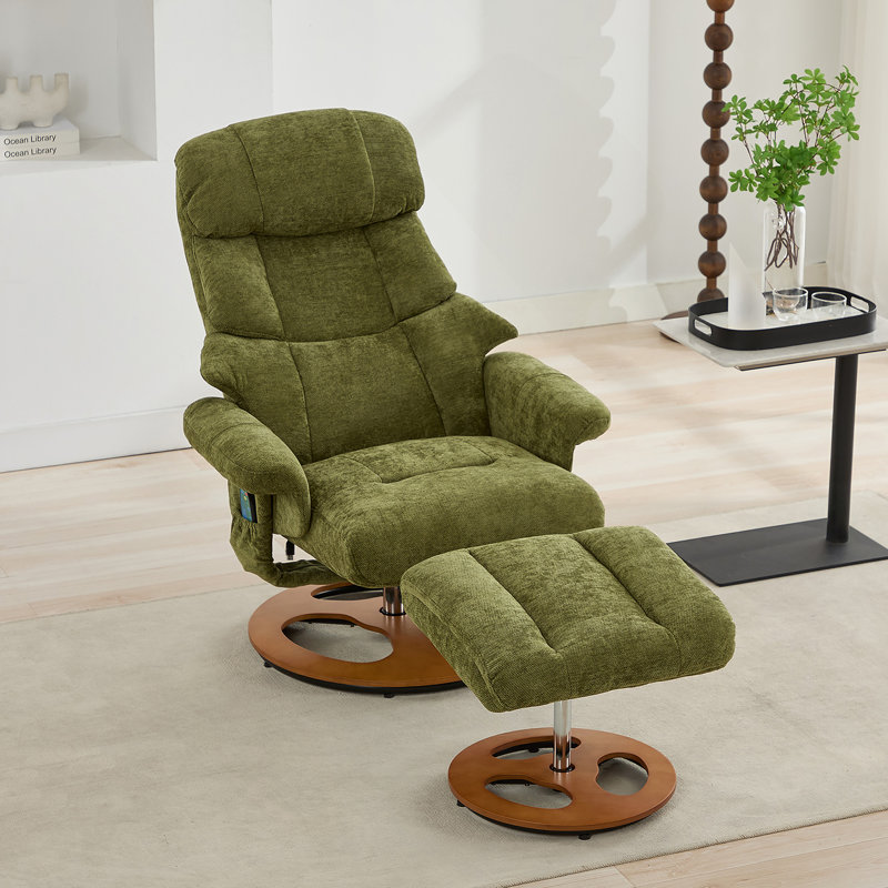 Fauteuil inclinable ergonomique avec repose-pieds, méridienne moderne pivotante à 360 ° avec repose-pieds, tissu chenille, massage par vibration à 5 points, siège chauffant et dossier réglable à 140 °