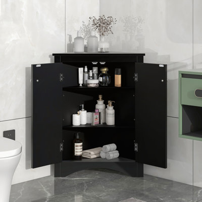 Black Triangle Bathroom Storage Cabinet with Adjustable Shelves for Home and Kitchen