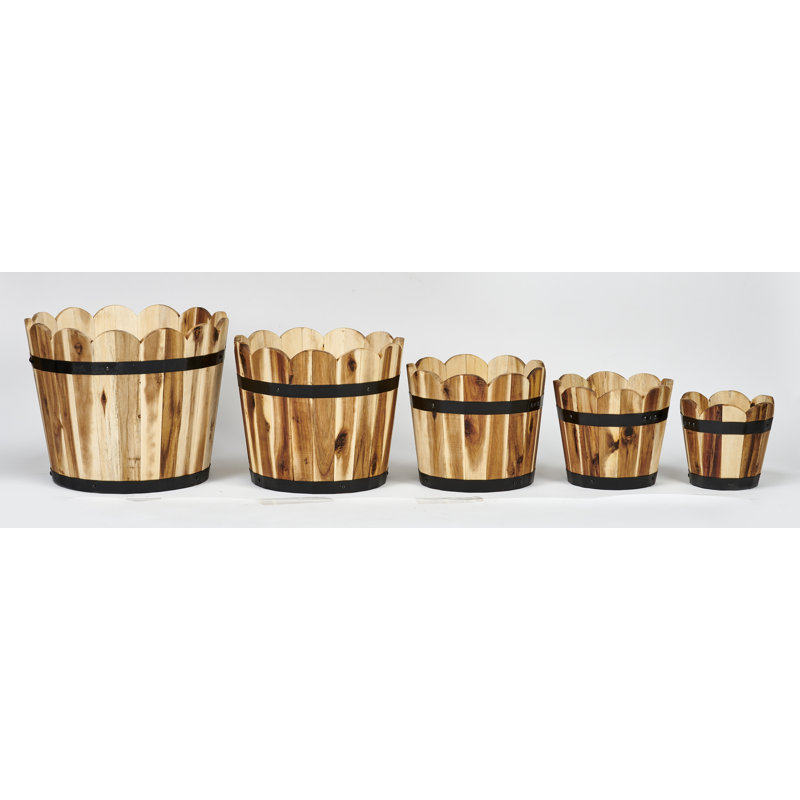 Scalloped Barrel Planters Set, Brown