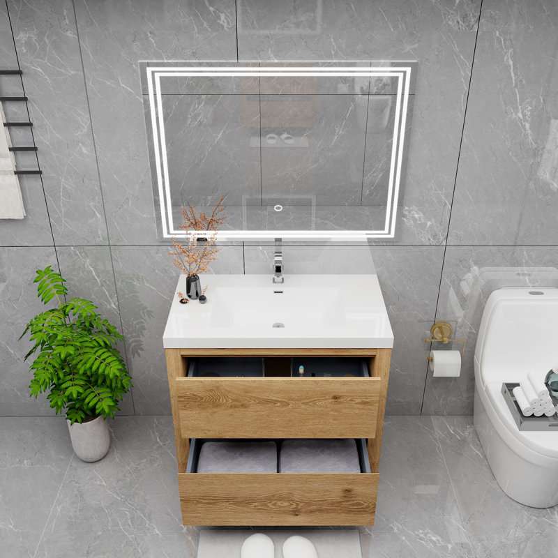 Rosner 35.5 " W Wall Mounted 1 Single Vanity Bathroom Vanity With Acrylic Top, Yellow Wood