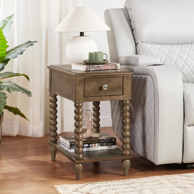 24" Tall Rustic Solid Wood End Table With Built-In Power Outlet And USB Port