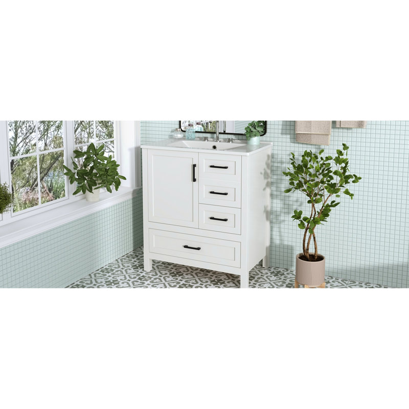 Meuble-lavabo blanc de 30 pouces avec lavabo, porte à fermeture en douceur et plateau amovible - Conception compacte pour un maximum d'espace, protection contre les débordements, fabrication, tiroir de rangement intelligent, style moderne