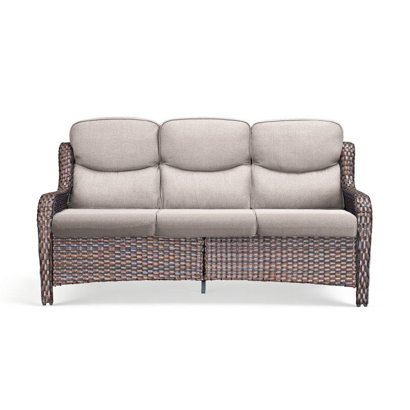 Simino 72" Wide Straight All Weather Wicker Patio Sofa With 5" Thick Cushions, Beige, Brown