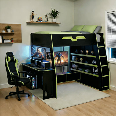 Full Loft Bed With Freestanding Desk, Lighted Monitor Stand, Storage Bookcase And Gaming Entertainment Center