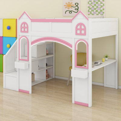 Lit mezzanine château en bois Fantasy avec escalier de rangement, bureau, fenêtres, tablettes et lumières DEL