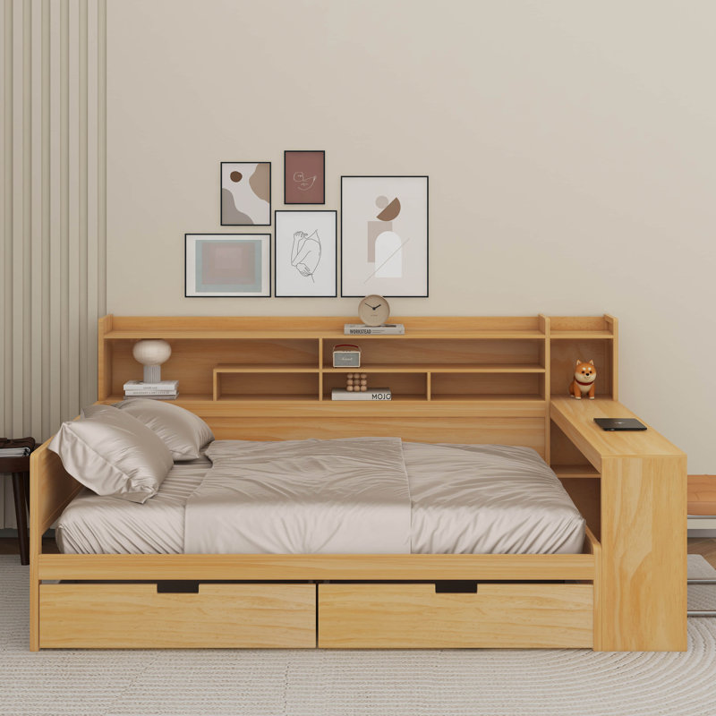 Wooden Full Size Daybed With Storage Shelves, Multi-Functional Bed With 2 Storage Drawers And Study Desk, Natural