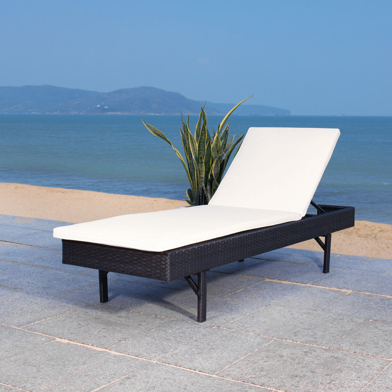 Esmai Outdoor Wicker Chaise Lounge , Cushion Included, Black Frame/Beige Cushion