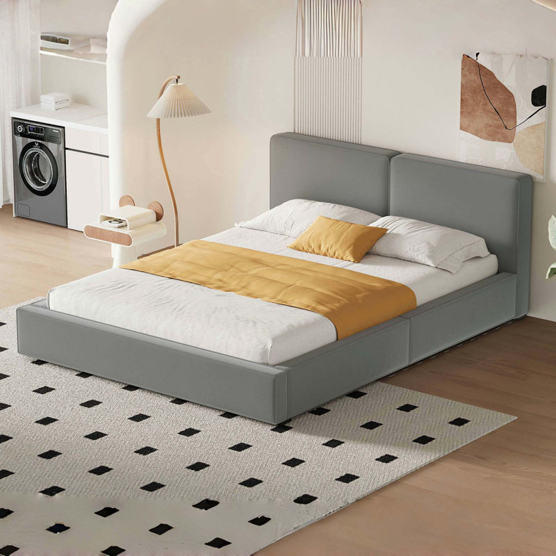 Lit plateforme tapissier avec tissu en velours, lit au sol avec structure solide, Gris