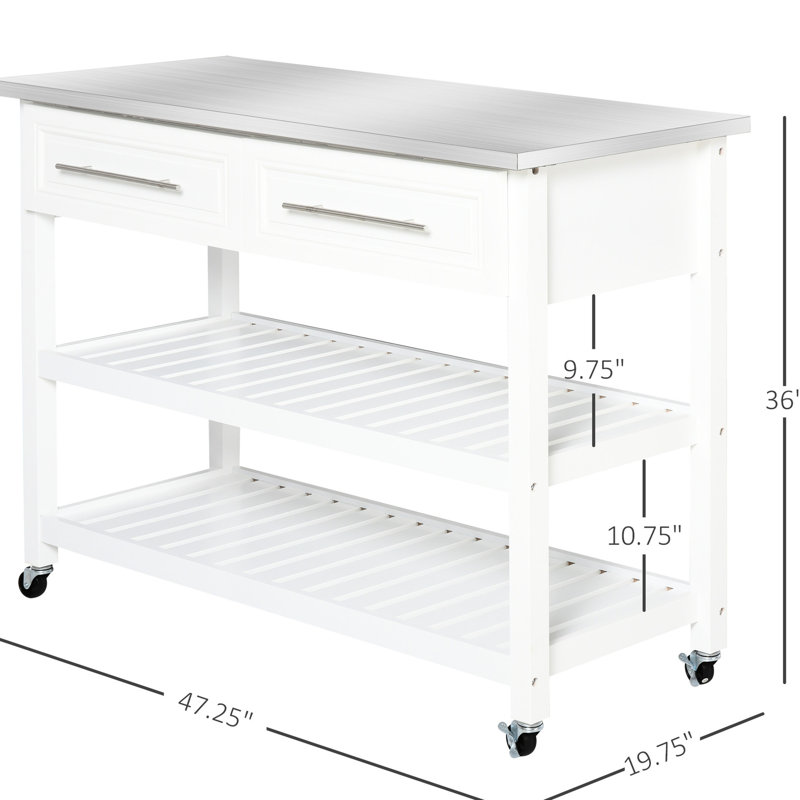Rolling Kitchen Storage, Stainless Steel Top And Rustic Design, 3 Shelf With Drawers, Gray, For Essentials Cart Top, Style, 2-layer Shelving 2 Drawers Space Saving