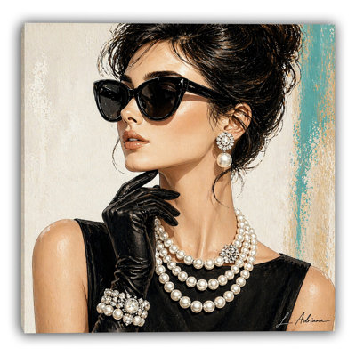 Chic Fashion Woman Canvas Wall Art, Teal Boutique Glam Portrait, Modern Wrapped Canvas Decor GT15413