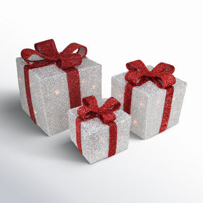 Silver Tinsel Lighted Gift Boxes with Red Bows Outdoor Christmas Decorations