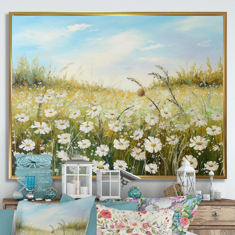 Champ de fleurs marguerites au soleil, H 30 po x l 40 po x P 1,5 po, Cadre flottant doré