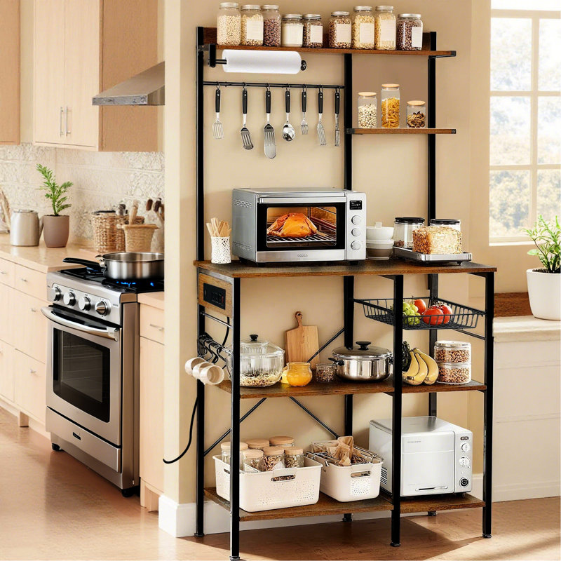 Étagère de boulanger, prise de courant, crochets, support pour micro-ondes, bar à café, panier en fil de fer, tablette de cuisine, fruits, désordre de comptoir, conception multicouche, pieds réglables d'épices, enchevêtrement de corde, rangement aéré,