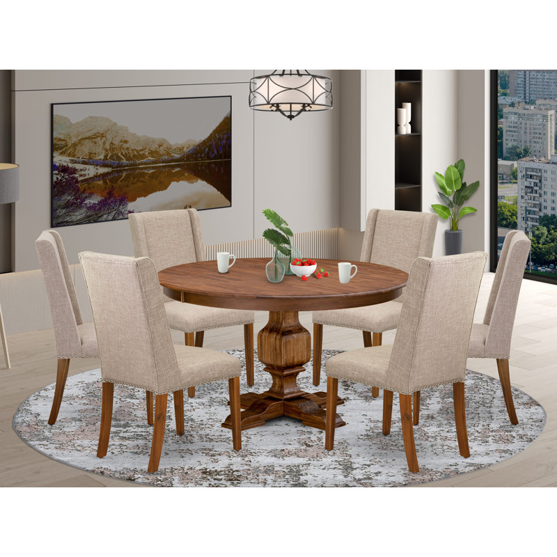 L'ensemble de salle à manger 7 pièces se compose d'une table de cuisine moderne et de 6 chaises de salle à manger en tissu de lin brun clair avec dossier rembourré - noyer antique