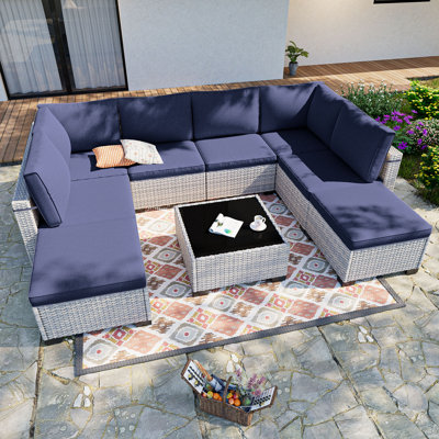 Ensemble de mobilier de patio 9 pièces, mobilier de jardin extérieur avec repose-pieds, canapé modulaire, rotin en osier double brin, structure résistante à la rouille, mobilier de jardin pour la cour, terrasse
