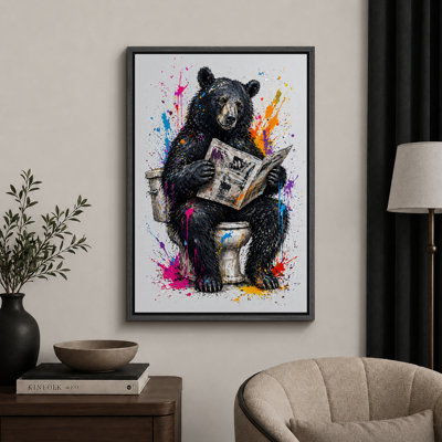 Bathroom " Colour Splash Reading Bear Bathroom Humour Artwork, Bathroom Pictures, Framed Canvas Giclee Print Wall Art " Print