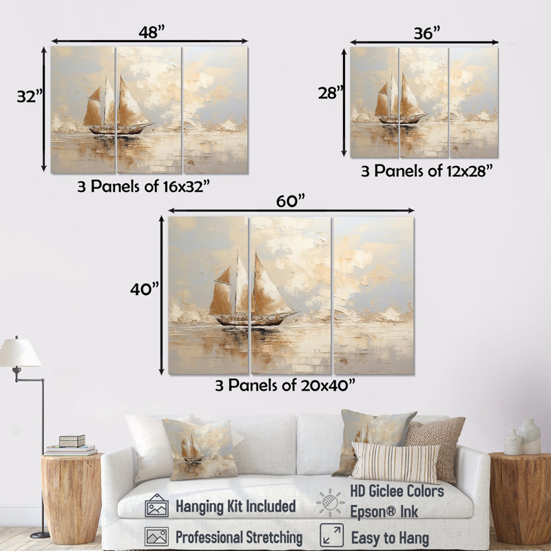 Bateau à voile sur la mer - ensemble de salon d'art mural à voile, H 32 po x l 48 po